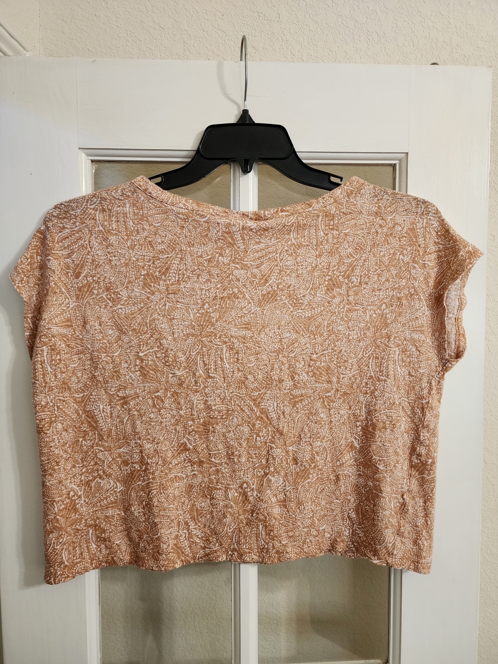Nicole Miller Linen Top L Peachy Tan Floral Boxy Crop Cap Sleeve - Picture 3 of 10